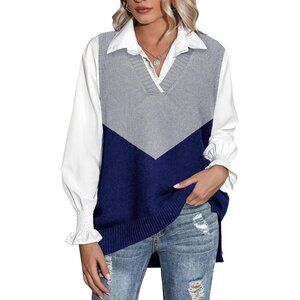 Women Block Navy Sweater Vest Sleeveless V Neck Oversized Knitted Pullover Fall